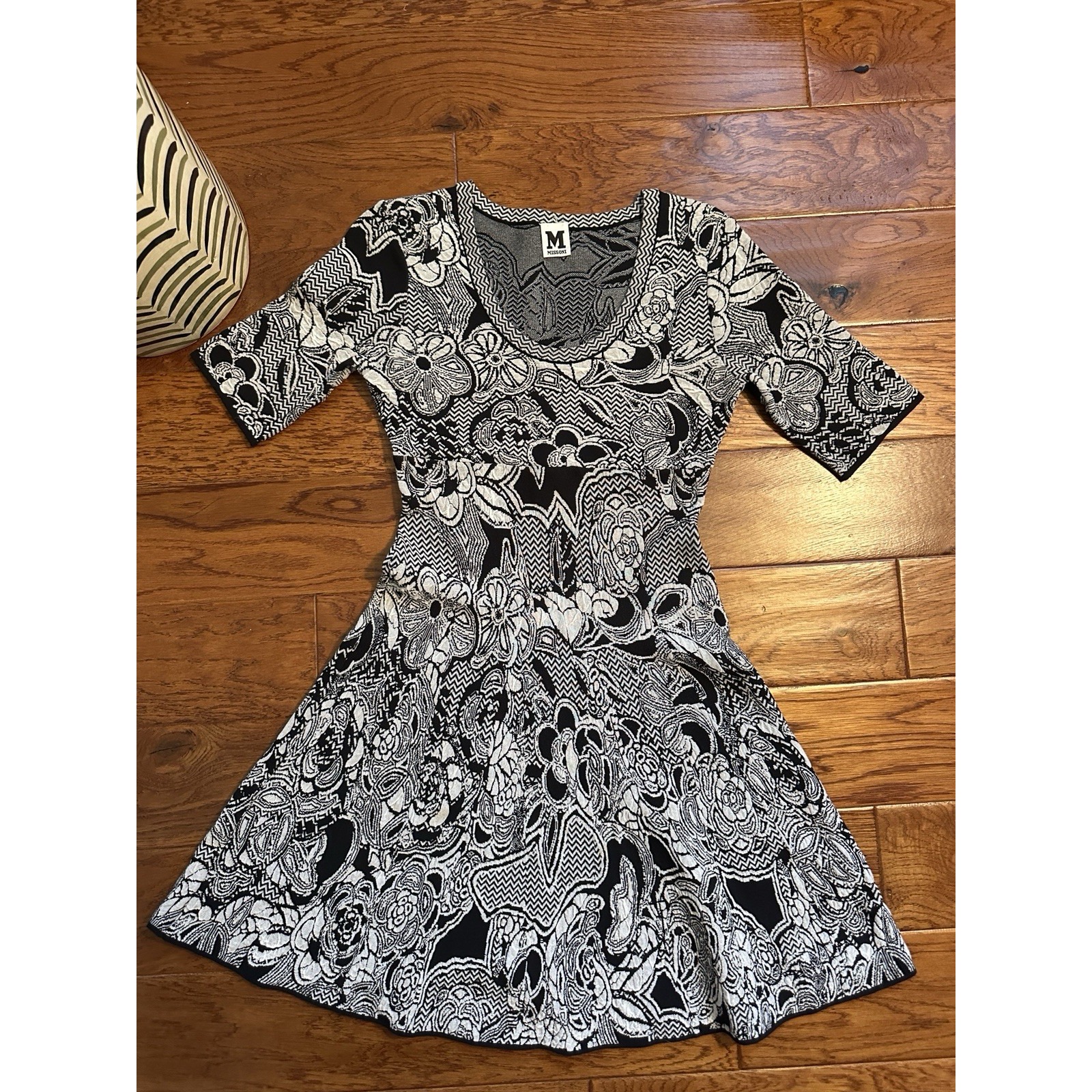 M Missoni Floral Zigzag Intarsia Women's Dress Fit Flare Scoop Neck Black Cream